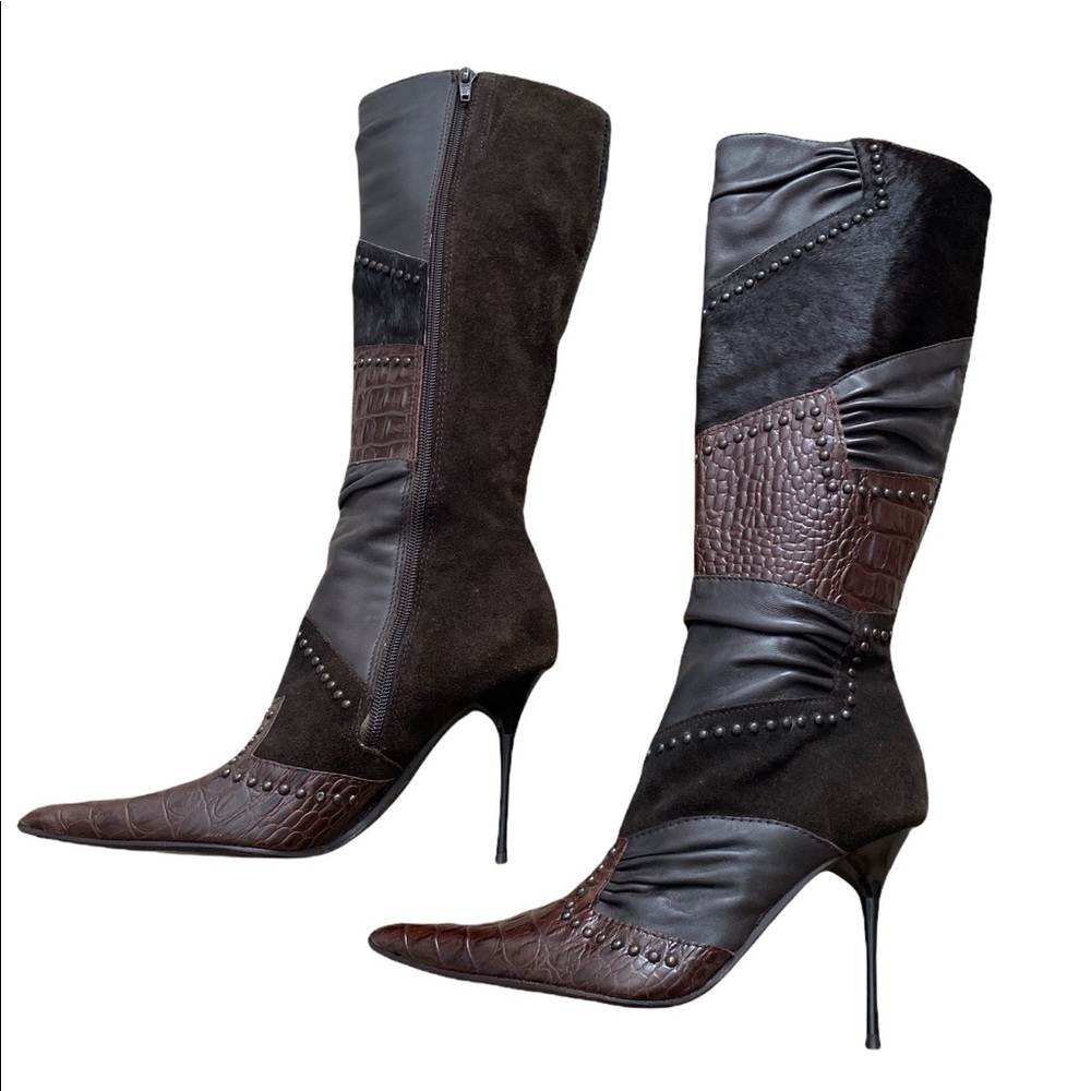 Aldo Dark Brown Patchwork Pointed-Toe Stiletto Knee Boots